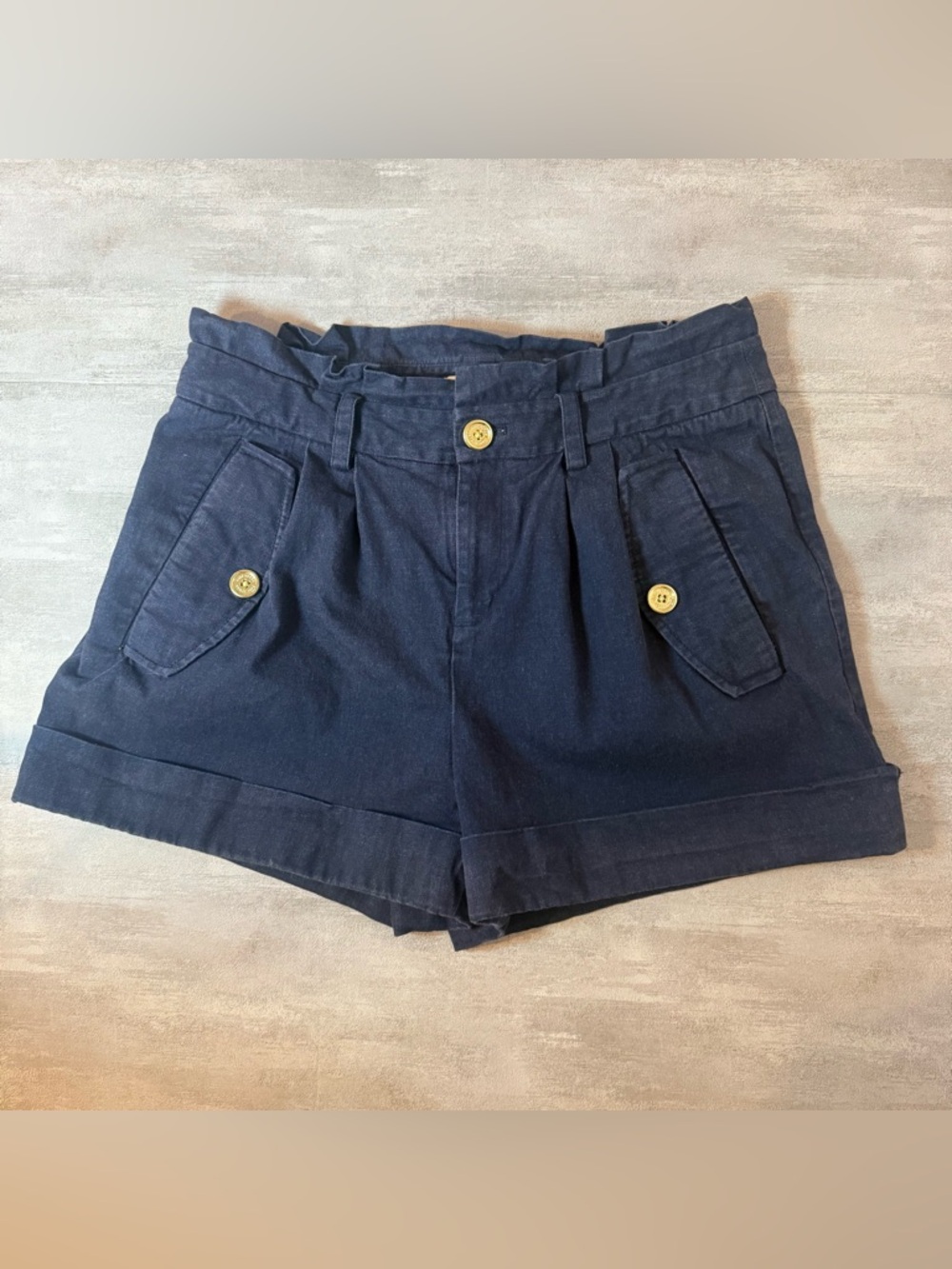 Kate Spade New York Paperbag Waist Shorts – Women’s Size 8 Navy Blue Gold Button